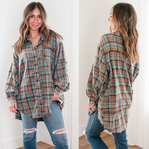 Talulah Flannel Shirt Dress Womens Medium Gray Orange Plaid Fringe - Picture 1 of 10